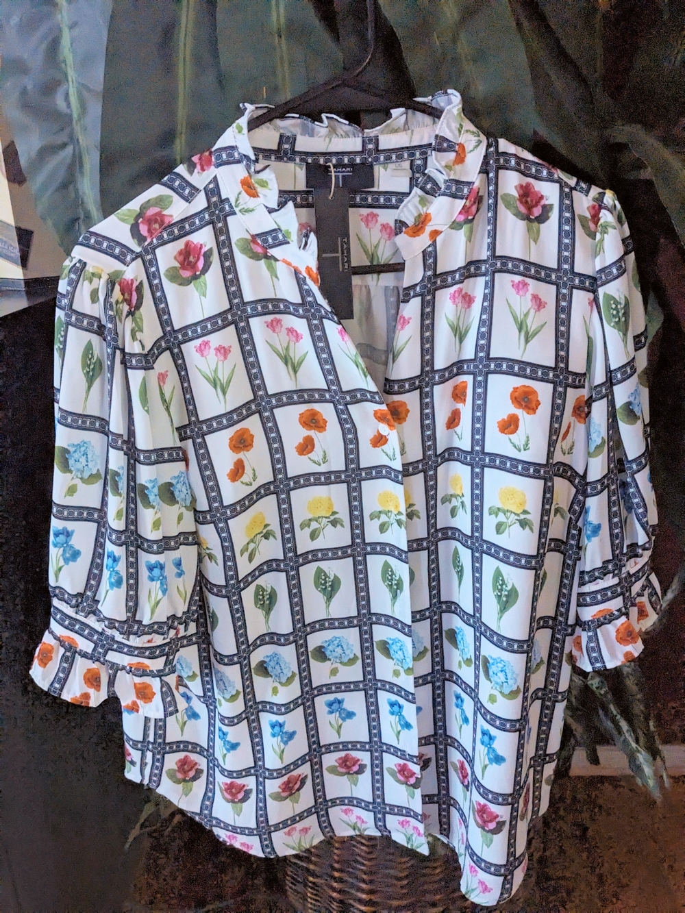 Tahari White Floral Grid Print Blouse